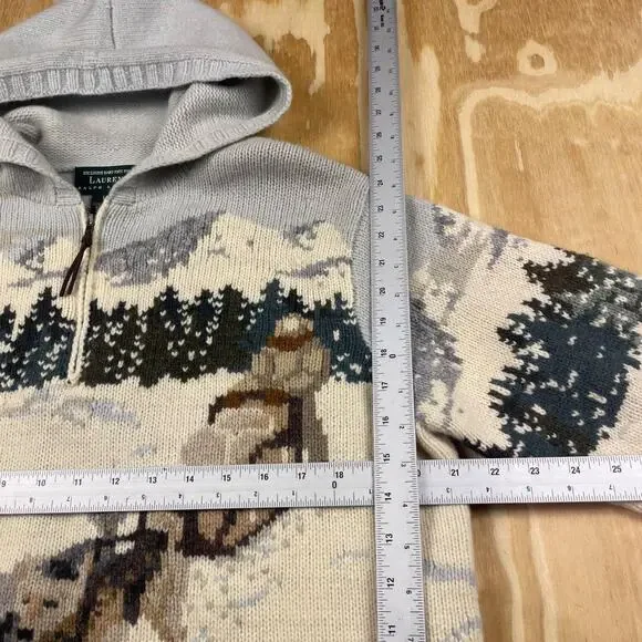 Vintage 90's Lauren Ralph Lauren Dog Sled Mural Hooded Sweater Jacket –Women’s L - Picture 4 of 8